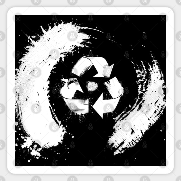 Earth Day: The Recycle Logo in the center of a Japanese Sumi Brush Enso (eternal circle)  on a Dark Background Sticker by Puff Sumo